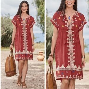 Sundance‎ Petite Small Embroidered Tassel Tie Folk Boho Dress Rustic Red